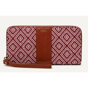 New Fossil Jori Zip Clutch wristlet RFID wallet Leather and Fabric Red / Ecru